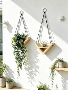 Estanterías colgantes de cuerda, estanterías de plantación de madera rural, estanterías de almacenamiento colgantes, decoraciones de pared creativas de madera - Ver 7