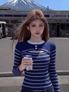 Vintage Casual Color Block Knit Sweater Women Autumn Inner Layer Slimming Long Sleeve Top - Blue - View 7