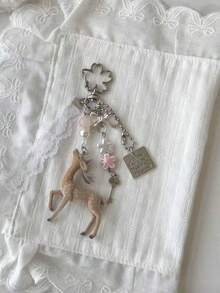 Deer-Shaped Keychain Pendant, Lace Pearl Bow Bag Charm, Korean Sweet Clover Backpack Hanging Chain, Y2K Girl Style Gift - Khaki - View 4