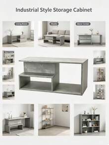 1 Pieza Mesa de Café con Diseño de Escalones, Espacio de Almacenamiento Abierto Multicapa Irregular con Superficie de Grano de Piedra Gris Mate, Mesa de Café, Escritorio, Mesa de Reunión, Mesa Lateral, Mesa de Té, Mesa de Extremo, Mesa de Almacenamiento, Mesa Organizadora, Mesita de Noche - mesa de centro - Ver 9