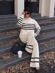 Autumn/Winter Casual Loose Striped Colorblock Knit Sweater & Wide Leg Pants Set - Apricot - View 2