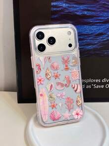 1pc Pink Frame Transparent Minimalist Lens Protection Anti-Drop Anti-Collision Underwater Shell Seahorse Coral Pattern Phone Case Personalized Compatible With IPhone 16 Pro Max 17/16/15/14/13/12/11 Protective Case Air Compatible With Samsung Series - Multicolor - View 3