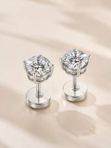 KAHOOT 1 Pair Hypoallergenic 925 Sterling Silver Moissanite Stud Earrings, Minimalist Versatile, Unisex Style, Suitable For Daily Wear - Silver - View 4