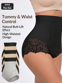 MEIYATING 6pcs Plus Size High Waist Tummy Control Butt Lifting Seamless Lace Pattern Triangle Panties For Women - Multicolor - View 2
