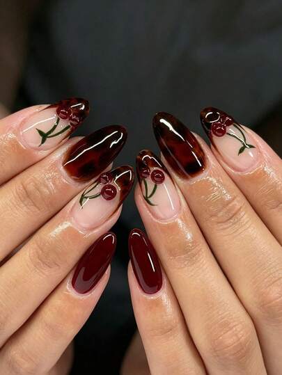 Ubah tampilan kuku Anda dengan 24pcs/Set Kuku Palsu Tempel Berbentuk Almond Sedang Panjang Warna Burgundy Vintage Amber Gaya Prancis dengan Dekorasi Ceri 3D, Termasuk 1 buah Lem Jelly dan 1 buah Kikir Kuku, Sempurna untuk Pesta, Kencan, dan Pemakaian Sehari-hari bagi Wanita dan Anak Perempuan