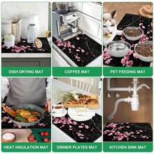 1pc Pink Cherry Blossom Black Marble Pattern Diatomaceous Earth Kitchen Drain Mat, Absorbent Quick-Drying Non-Slip Coffee Machine Mat, Suitable For Kitchen Countertop, Dining Table And Home Decor - Multicolor - View 8