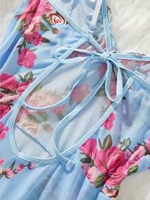 2 Pieces Sexy Lingerie & Sleepwear Set, Complete 2 Pieces Set With Matching Thong, Delicate Ruffle Hem, Eye-Catching Floral Pattern - Blue - View 5