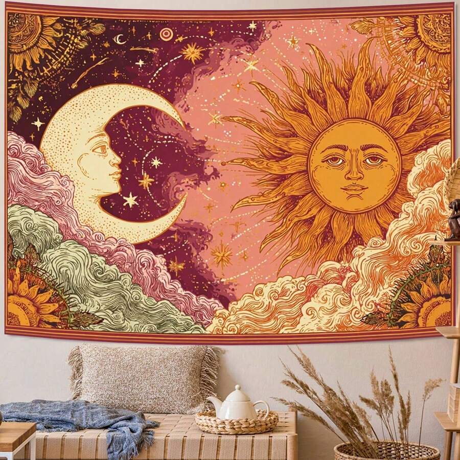 This Vintage Bohemian-Style Tapestry Features A Dreamy Scene Blending Sun And Moon Elements. Made From Polyester, It Is Highly Versatile And Suitable For Use As Wall Art, A Photography Backdrop, Room Or Home Decor, Party Decorations, And More. - Multicolor - View 1
