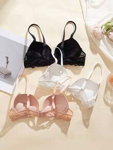 3pcs/Pack Lace Patchwork Underwire Bra, Smooth Thin Cup With Adjustable Spaghetti Strap, Women's Daily Basic Lingerie - Multicolor - View 2