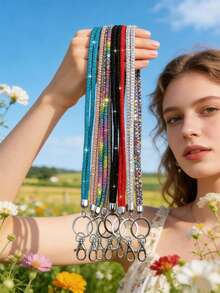 1pc Multicolor Rhinestone Lanyard - Durable Nylon With Metal Buckle, Elegant Sparkling ID And Phone Keychain, Suitable For Office, Teacher, Student (7 Colors: Mixed/Grey/Pink/Red/Green/Blue/Black), Halloween, Christmas - Multiple Styles - View 3