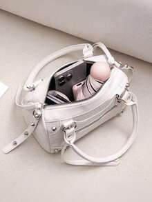 Fashionable Green Patchwork Rivet Motorcycle Bag With Adjustable Strap, Retro Sweet Cool Style Women's Crossbody Handbag For Daily Outings - White - View 3