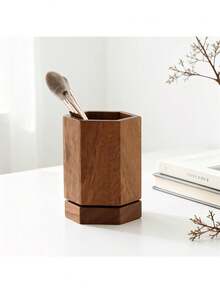 Walnut Rotating Pen Holder And Cup - 360° Rotating Base, Walnut Desktop Organizer, Polished Finish, Dual-Purpose Pencil And Makeup Brush Storage, Suitable For Office, School, Home, Minimalist Vintage Desktop Accessory - Multicolor - View 4