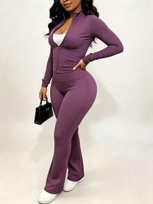 Spring/Autumn Bestselling Women's 2 Pieces Set, Fashion Slim Fit Solid Color Zip-Up Jacket And Long Pants, Lightweight Polyester Fitness Yoga Fabric - Purple 81 - View 3