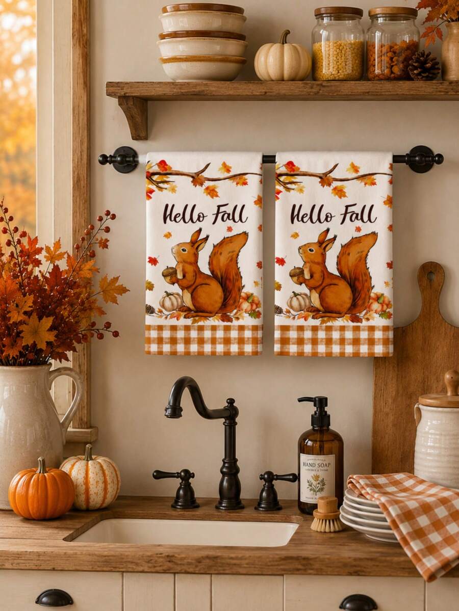 2 pièces/4 pièces/8 pièces Serviettes de main avec feuilles d'érable et écureuil d'automne pour Thanksgiving, serviettes de salle de bain pour la fête des récoltes, torchons, style ferme vintage, convient pour la décoration de cuisine de la fête des récoltes, décoration d'événement de fête de Thanksgiving - Multicolore - Voir 1