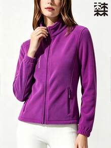mulinsen 女款純色抓絨運動夾克，立領拉鍊設計，拉鍊口袋，字母細節，彈性袖口，保暖面料 - 紫色 - 查看 5