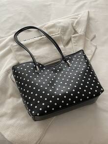 1pc Black Large Capacity Polka Dot PU Tote Bag Women's Shoulder Bag - Black - View 5