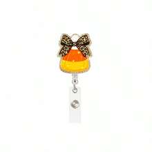 1pc/3pcs Halloween Candy Corn Leopard Print Bow Glitter Acrylic Retractable Badge Reel With Crocodile Clip - Multicolor - View 5