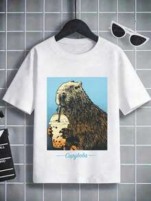 Boys Graphic T-Shirt With Capybara Print And Text, Short Sleeve Crew Neck Top - White - View 5
