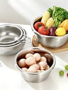 1 Set Thick Stainless Steel Colanders With Mixing Bowl, Rice Washing Bowl, Double-Ear Vegetable Washing Basin,Multi-Size Perforated Strainer Baskets With Handles, Multipurpose Rice, Fruit & Vegetable Washing Bowl For Kitchen - S+M+L - View 4