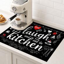 1件裝黑色「Laugh And Eat In Kitchen」字母印花廚房檯面墊，吸水快乾防滑矽藻土排水墊，咖啡機墊與碗盤瀝水墊 - 彩色 - 查看 4
