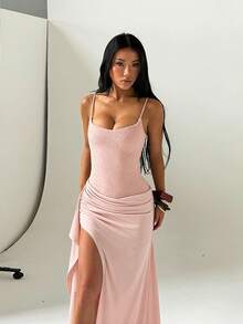 優雅亮片拼接高開衩奢華晚禮服，適合婚禮、度假 - 粉色 - 查看 2