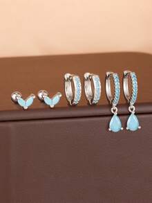 Juego de 6 piezas de pendientes de botón con colgante de gota de agua de circonita, estilo lujo ligero, chapados en oro de 18K, acero inoxidable azul, joyería estética para perforaciones, regalo para mujer - Azul pino plateado-6 piezas - Ver 2