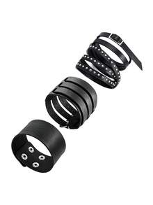 Women And Men Leather Cuff Wristbands ,80s 90s Vintage Grunge Gothic Y2K Jewery Gift For Punk Rock Outfits Music Festivals Theme Parties Halloween - Black - View 1
