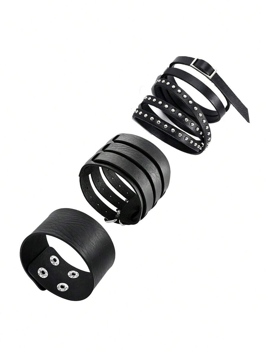 Women And Men Leather Cuff Wristbands ,80s 90s Vintage Grunge Gothic Y2K Jewery Gift For Punk Rock Outfits Music Festivals Theme Parties Halloween - Black - View 1