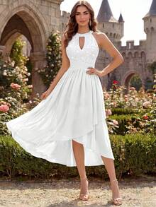 MIUSOL Sequin Floral Lace Halter Neck Sleeveless Ruched Chiffon Prom Homecoming Dress, Spring/Summer Dress Elegant White - White - View 6