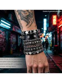 Xiacheng Punk Rock Leather Bracelet Set, Stackable Black Cuffs, Hearts, Stars And Chains, Gothic Emo Jewelry For Men Women, Perfect For Halloween & Concerts - Multicolor - View 5
