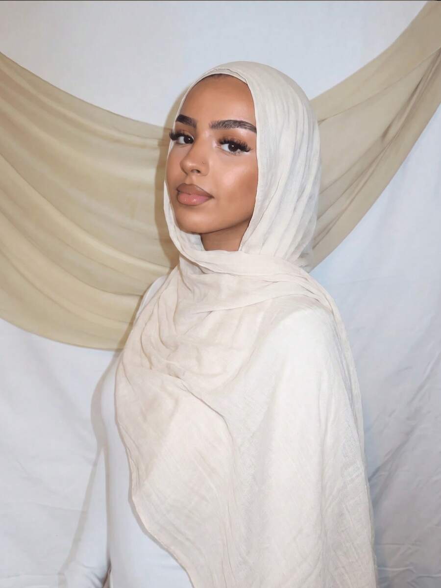 1PC Women's Beige Viscose Headscarf, Soft Solid Color Wide Edge Scarf, Versatile Sun Protection Hijab, Suitable For Daily Wear
