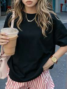 Women's Round Neck Short Sleeve T-Shirt, Summer New Solid Color Casual Versatile Loose Top, Fashion Daily Wear - Black - View 2