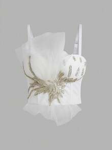 Atasan Crop Top Ruffle Berenda dengan Hiasan Bulu dan Bordir Benang Emas, Model Bustier Seksi dengan Tali Bahu Tipis yang Memamerkan Perut, Cocok untuk Pernikahan, Pesta, dan Pakaian Kasual. - Putih - View 5