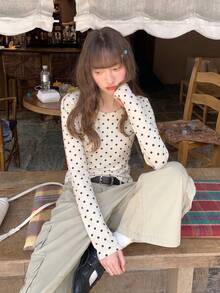 Spring/Autumn Casual Polka Dot Round Neck Long Sleeve T-Shirt - Apricot - View 5