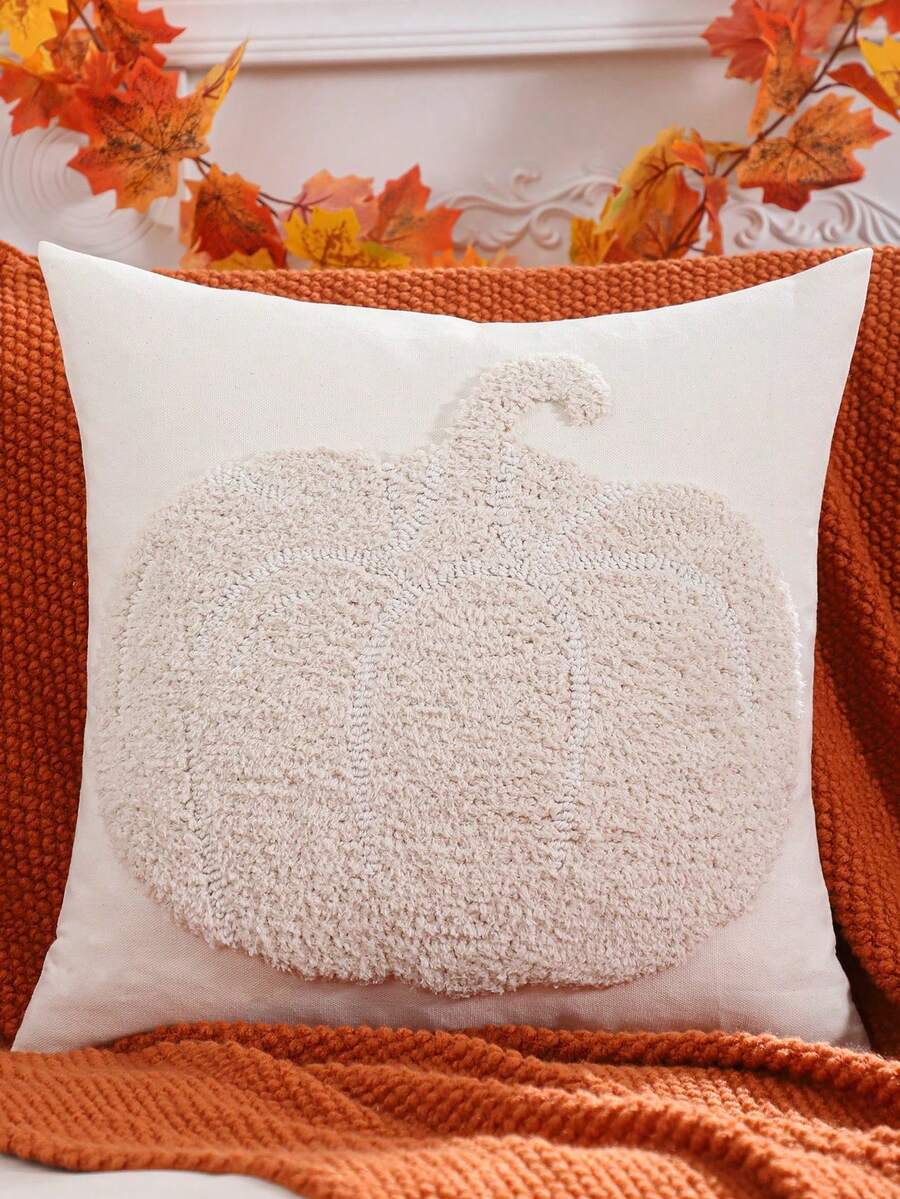 1pc/2pcs Halloween Pumpkin Canvas Flocked Pillow Case, Autumn Harvest Season Thanksgiving Cushion Cover For Sofa, Living Room, Bedroom, Home Decor, Holiday Gift - Creamy White - View 1