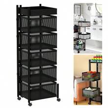 Kitchen Rotating Storage Trolley Cart, 360° Swivel Utility Vegetable Fruit Mobile Shelf Rack With Magnetic Top Tray & Lockable Wheels, 3/4/5 Tier Black Metal Mesh Organiser - 黑色 - 查看 5