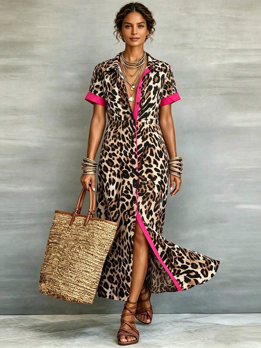 Vestido largo de manga corta con estampado de leopardo y bloques de color, para mujeres en primavera/verano - Rosa - Ver 1