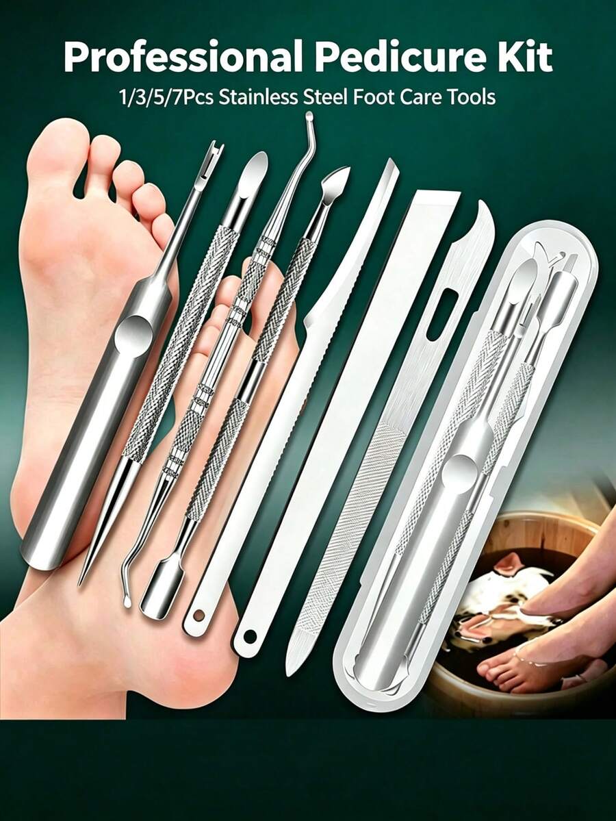 7 piezas Juego de cuidado de uñas de acero inoxidable para piel muerta y callosidades, kit de herramientas desmanchadora de cutículas sin perfume para personas mayores, borde de corte de precisión para una eliminación suave - Incluye lima de uñas y limpiador