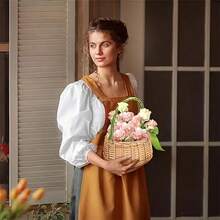 Handmade Woven Rattan Mini Handheld Flower Basket With Ribbon Bow, Exquisite Floral Arrangement Decorative Container, Outdoor Camping Picnic Fruit Storage Basket, Home Desktop Cabinet Sundries Organizer Storage Basket, Wedding Favor Photography Prop Versatile Woven Small Basket - Beige - View 9