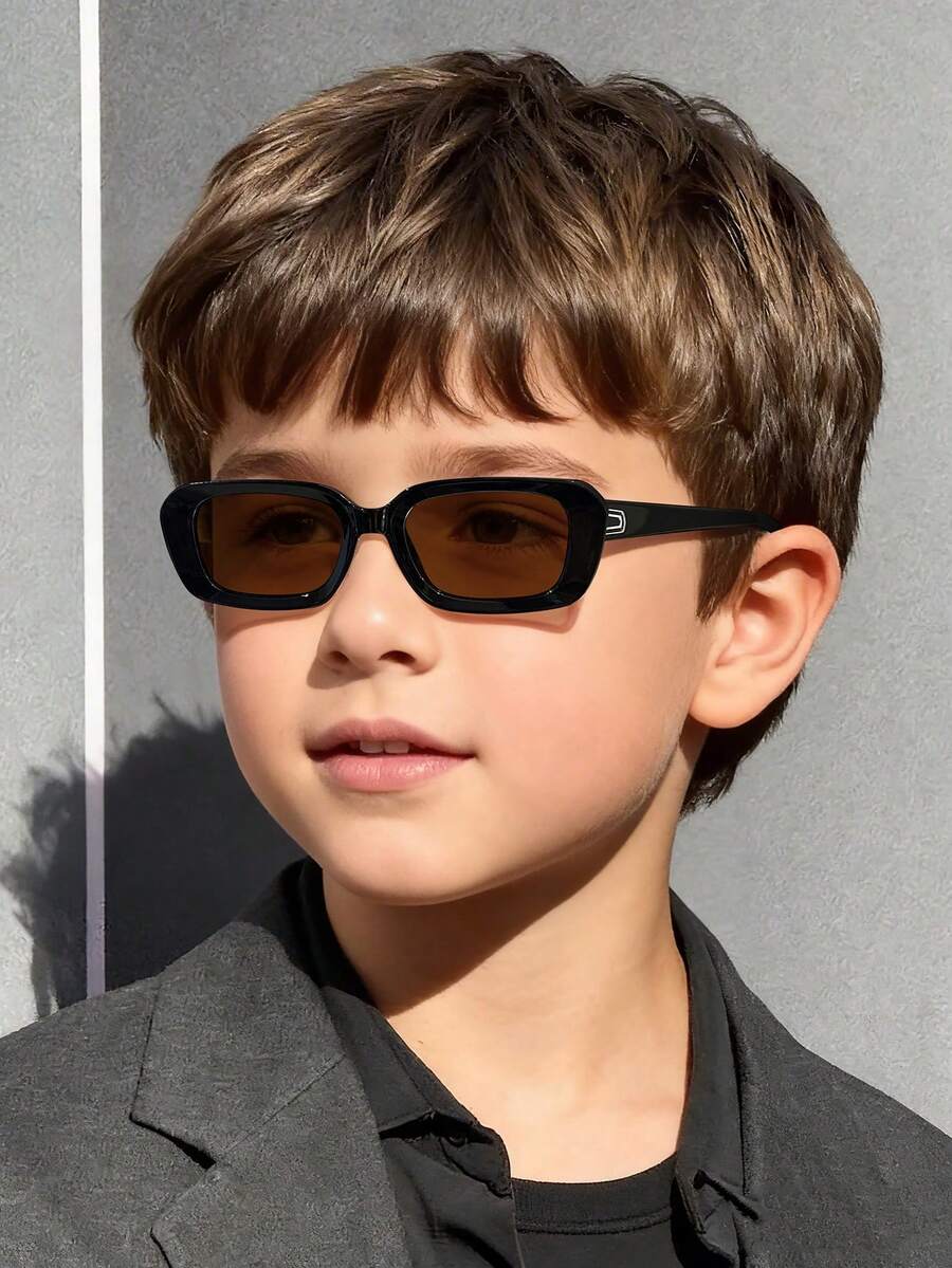 1 PC Boys Girls 5-9Y Casual Rectangle Fashion Glasses Solid Color Lens Black And Pink PC Frame Lightweight For Outdoor Activities With Glasses Box