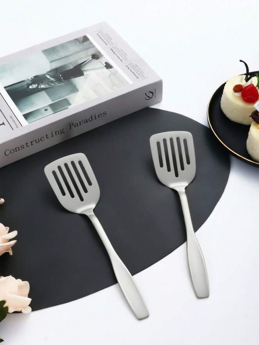 1/2pcs Stainless Steel Frying Spatula & Slotted Turner, Suitable For Frying Eggs, Pancakes, Stir-Frying, Home Kitchen, Hotel, Restaurant, Camping - Silver - View 1