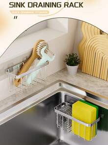 1PC No Drill Wall Hanging Sink Caddy Sponge Holder, Rustproof Stainless Steel Drain Basket, Multi-Use Wall Mount Storage Organizer For Kitchen Scrub Brush, Vegetables & Small Utensils - Multicolor - View 6