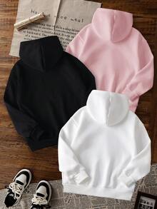 3pcs/Set Tween Girls Smiling Daisy DAISY GIRL Hooded Sweatshirt, Black White Pink Macaron Floral Loose Casual Sweatshirt Set For Boys And Girls, Spring Autumn - Pink - View 4