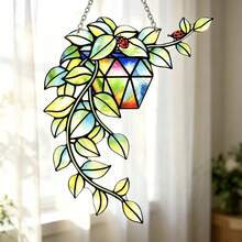 Colorful Rhinestone Flower Pot Vine Ladybug Hanging Window Decor, Fresh Green Leaf Creative Sunlight Catching Hanging Ornament, Translucent Art Pendant, Bedroom Window Entryway Wall Hanging Decor, Mori Style Home Soft Furnishing, Unique Atmosphere Housewarming Gift - A - View 5