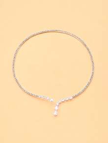 outingfit 1pc Water Drop Open Collar Necklace, Minimalist Luxury Rhinestone Collarbone Chain, High-End Fashion Evening Dress Accessory - Silver - View 4
