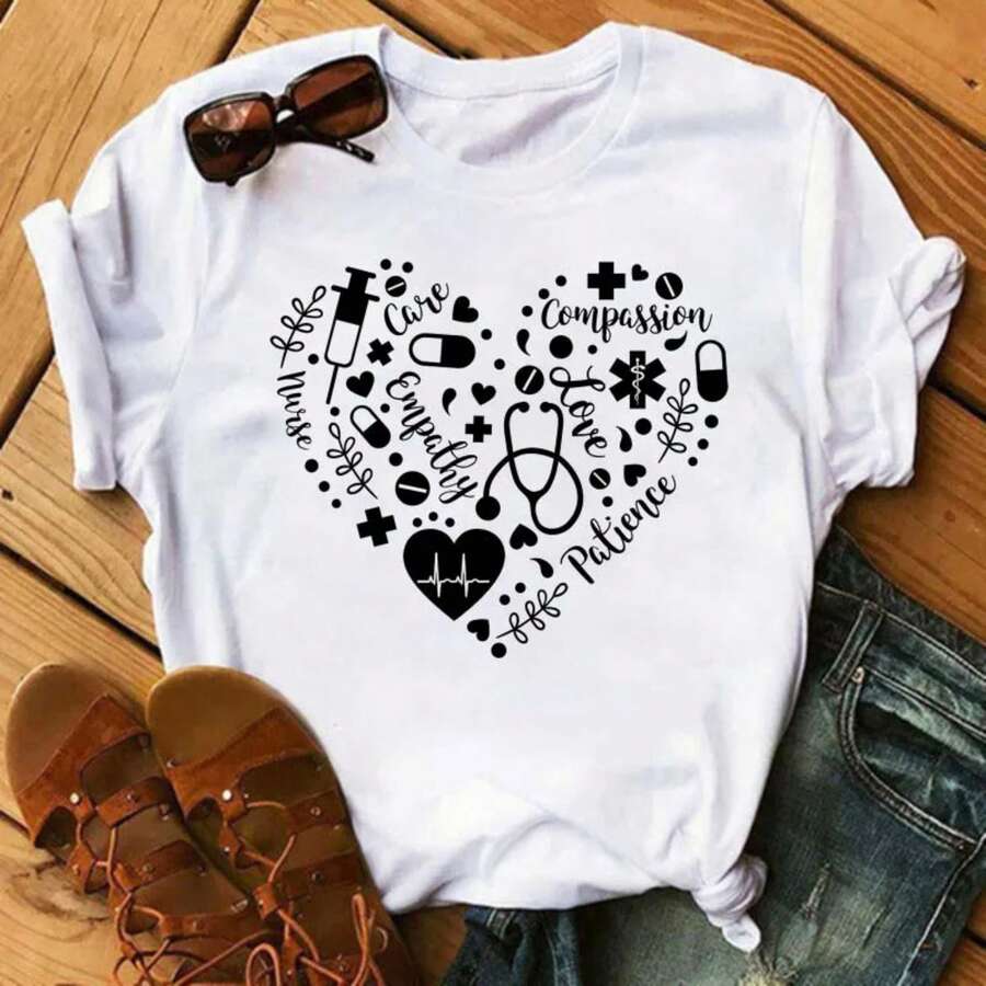 Damen T-Shirt 100% Baumwolle 180g Rundhals Harajuku-Stil, Krankenschwester Keep Calm Druck, kurze Ärmel, bequem für lässige Sommeroutfits - BT4667 - Übersicht 1