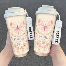 1/5pcs 18oz Stainless Steel Coffee Tumbler, He Restores My Soul Pink Butterfly Floral Print Travel Mug, Multi-Function Flip Straw Lid, White COFFEE Lanyard Strap, Ideal Gift For Faith Lovers Ladies Friends, Suitable For Worship Travel Home Picnic - Butterfly - View 6
