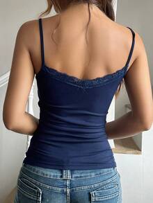 GAOVOT Women's Lace Patchwork Camisole, Sexy Fitted Y2K Style, Spring/Summer Casual - Navy Blue - View 2