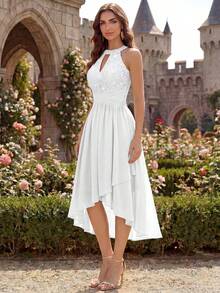 MIUSOL Sequin Floral Lace Halter Neck Sleeveless Ruched Chiffon Prom Homecoming Dress, Spring/Summer Dress Elegant White - White - View 7
