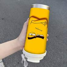 1/5 pièces Gobelet à café en acier inoxydable 18oz, Tasse de voyage avec impression de visage de mème aux bras croisés grincheux sur fond jaune, Couvercle à paille multifonction, Sangle de cou en argent COFFEE, Cadeau idéal pour les amateurs de mèmes et les amis sarcastiques, Convient pour le bureau quotidien - Mème tsundere - Voir 2